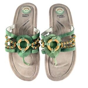 Earth Shoe Sandals Womens 10 Green Leather Wood Beads Thong Flip Flop Comfort